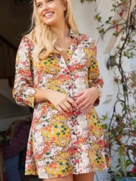 NATURAL LIFE Dresses & Skirts - NATURAL LIFE Floral Mini Dress in Cream, Yellow, Orange, Green